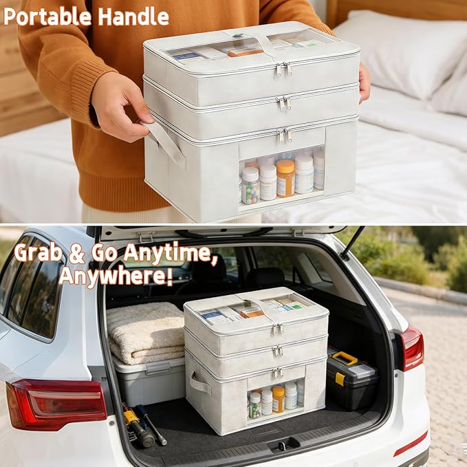3-Tier Medicine Cabinet Organizer, Foldable Medicine Storage Box with Clear Cover and Handle, Fabric Multipurpose Medicine Organizer Box for First Aid, Home and Travel