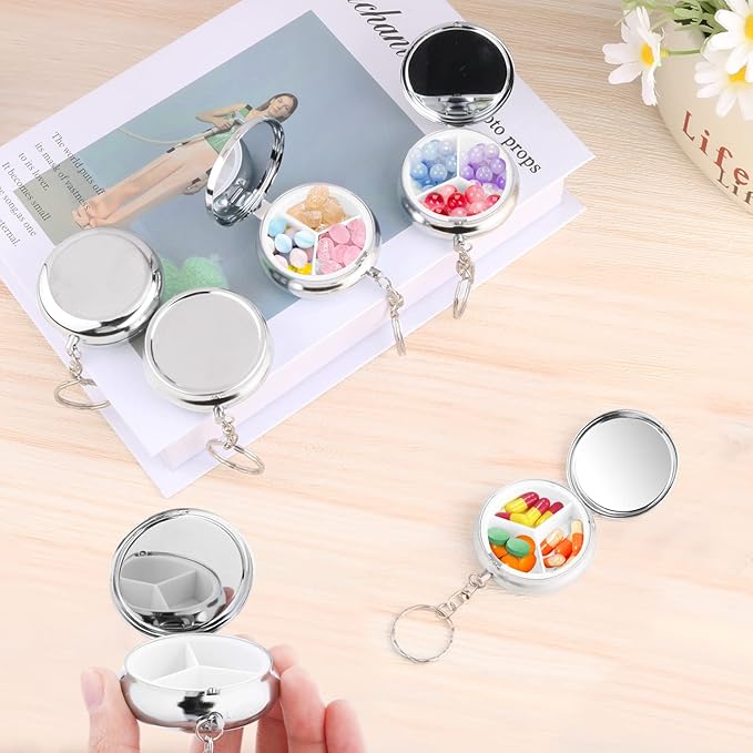 6 Pack Metal Pill Case Round Medicine Holder Container Keychain Mini Drug Tablet Organizer Box with 3 Compartments for Pocket Purse Travel Outdoor Daily