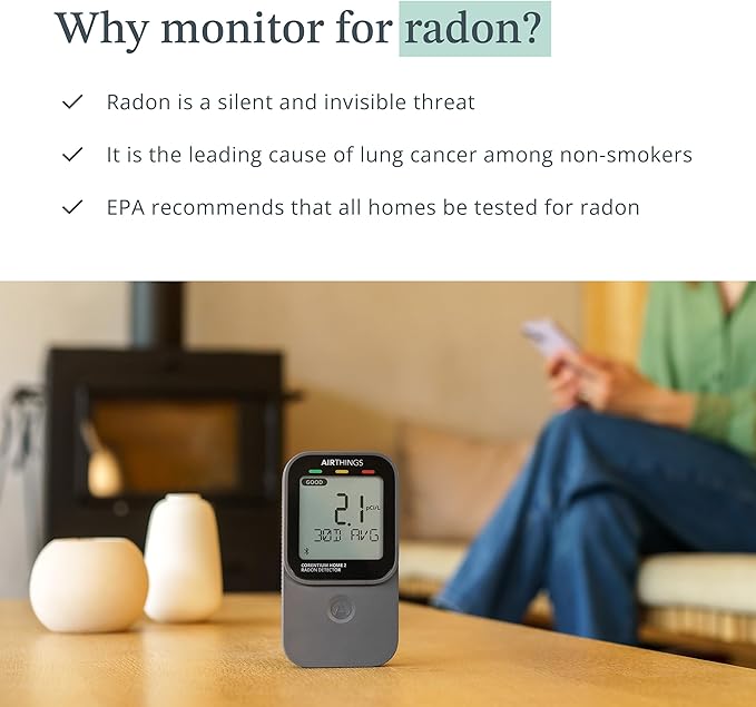 Airthings 325 Corentium Home 2 Smart Digital Radon Detector - Portable and Easy-to-use Radon Testing with Bluetooth connectivity and Humidity & Temperature Sensors