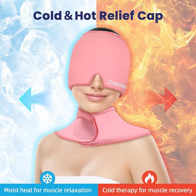 Migraine Relief Cap and Neck Ice Pack Wrap Gel Set, Upgrade Headache Hangover Cold Cap and Cervical Ice Packs Compress Relief for Head Cervical Pain, Stress, Swelling, Office Pressure Gift Women-Pink