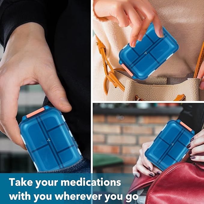 Travel Pill Organizer with Medicine Labels, 10 Compartments Travel Pill Box Medicine Organizer Purse Pill Case Daily Pill Container (Green, 189 Lables)
