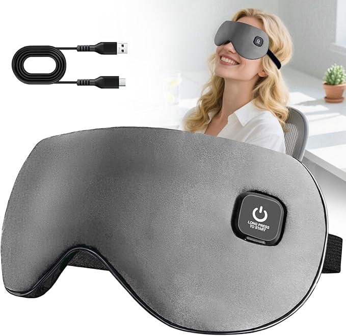 Heated Eye Mask, Rechargeable Detachable Washable Faux Silk Electric Cordless Dry Eyes Warmer Compress Graphene Sleep Mask Travel Gifts for Men Women, 3 Heat Levels & Auto-Off, Gray