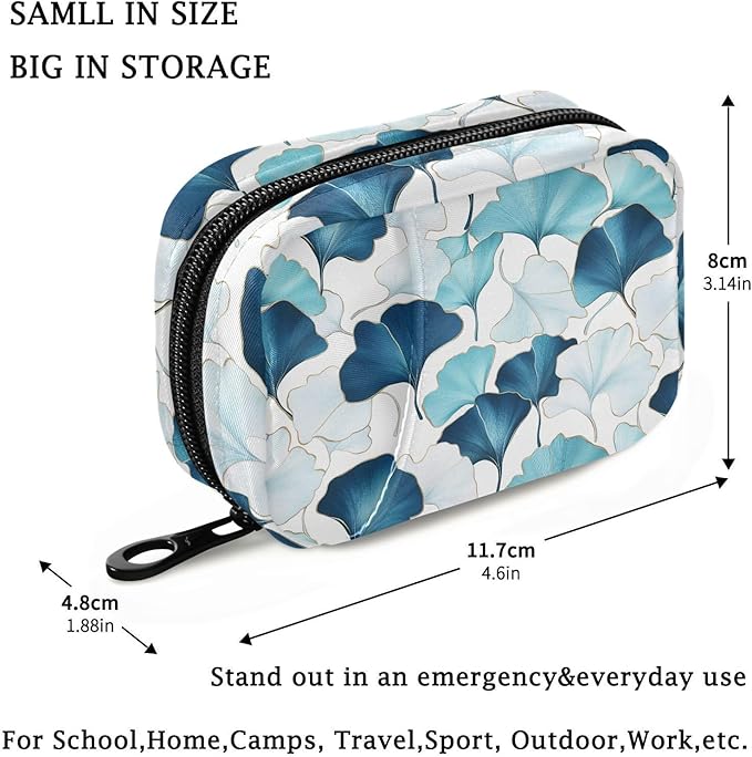 Fustylead Elegant Ink Ginkgo Leaves with Gold Line Pill Organizer for Purse, Weekly Portable Pill Box with Zipper to Storage Vitamins Fish Oils Medications Supplements