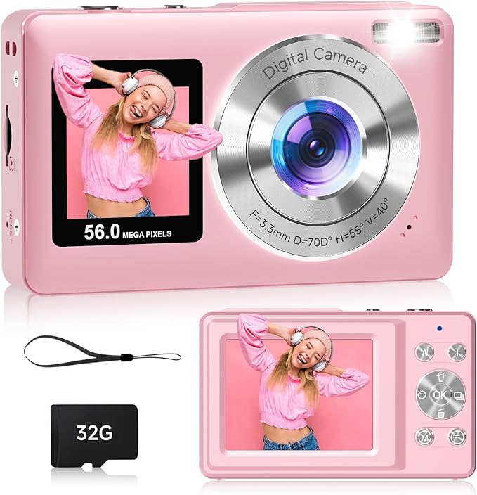 Camera Digital,56MP Dual-Screen Travel Camera with Auto Focus,Smile Capture,Anti-Shake,16X Zoom,32GB SD Card Compact Cameras Gift for Boys Girls Teens