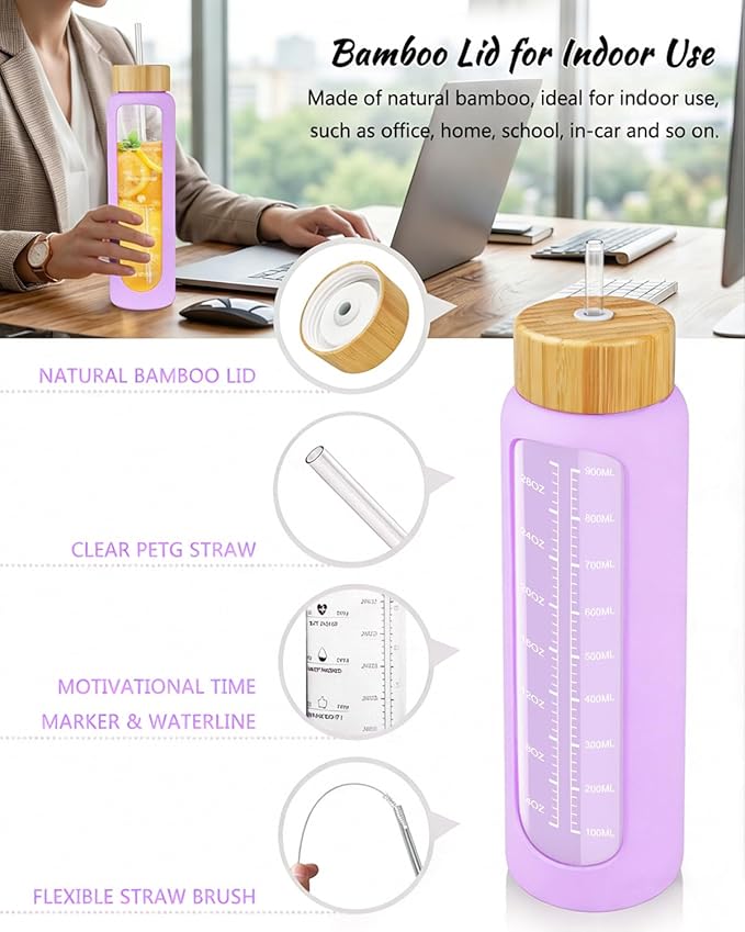 Nefeeko 32 oz Glass Water Bottles with Straw, Motivational Glass Water Bottle with Time Marker, 1 Liter BPA FREE Leakproof Reusable Glass Water Bottle with Silicone Sleeve, Bamboo Lid, Spout Lid