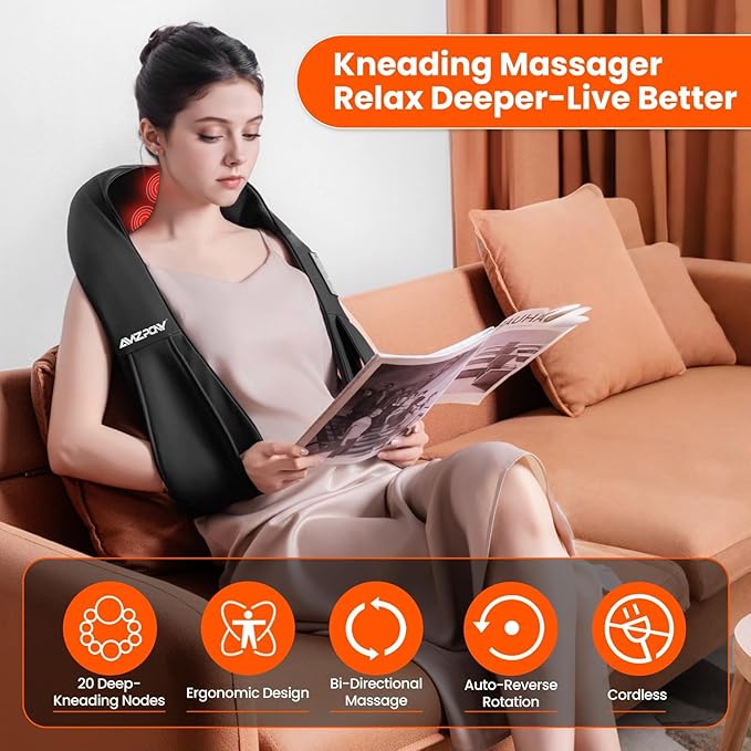 AMZPONY® Cordless Neck Massager for Pain Relief Deep Tissue, Rechargeable Shiatsu Neck and Back Massager with Heat Kneading Shoulder Massage for Body Muscle Pain Relief,Gifts for Mom Dad Friends