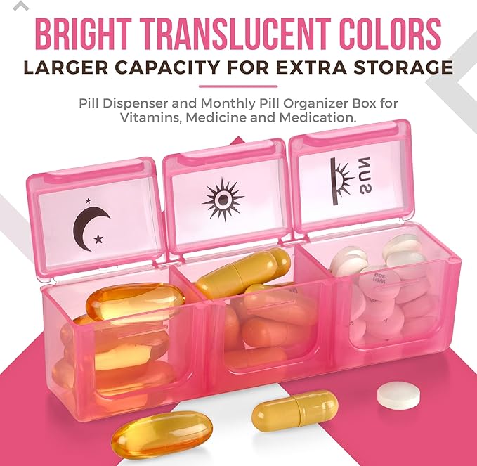 Weekly Pill Organizer Case – 3-Times-a-Day Pill Box - Large Plastic Dispenser with 7-Daily Morning Noon & Night Compartments for Pills, Supplements, Fish Oils and Vitamins