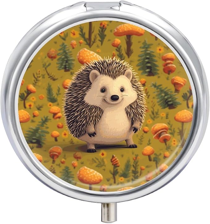 Hedgehog Pill Box Travel Pill Case for Purse Pocket Weekly Medicine Organizer with Mirror 3 Compartment Round Medicine Case Portable PillcaseHolder for Daily