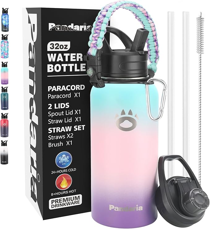 Insulated Water Bottle 32oz, Stainless Steel Water Bottle with Straw & Spout Lids & Paracord Handle | with Straw, Spout Lids, Paracord Handle