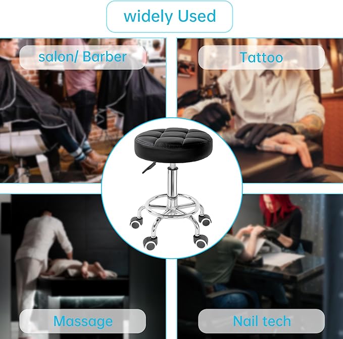 PU Leather Rolling Stool Height Adjustable Round Swivel Stools for Spa Salon Massage Work Chair with Foot Rest Black