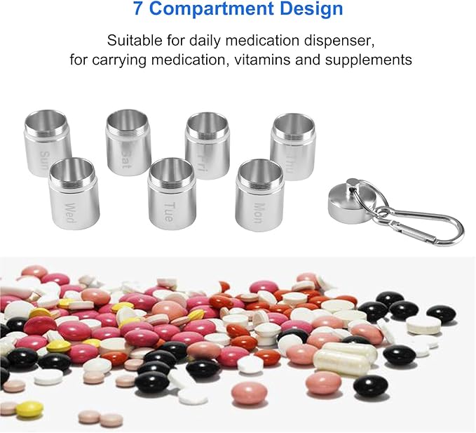 Weekly Pill Case, Portable Pill Box, Giveme5 Aluminum Alloy 7 Days Pill Holder Waterproof 7 Compartments Medicine Organizer Travel Pill Tube Pill Bottle Pill Container w/Keychain and Carabiner (1)