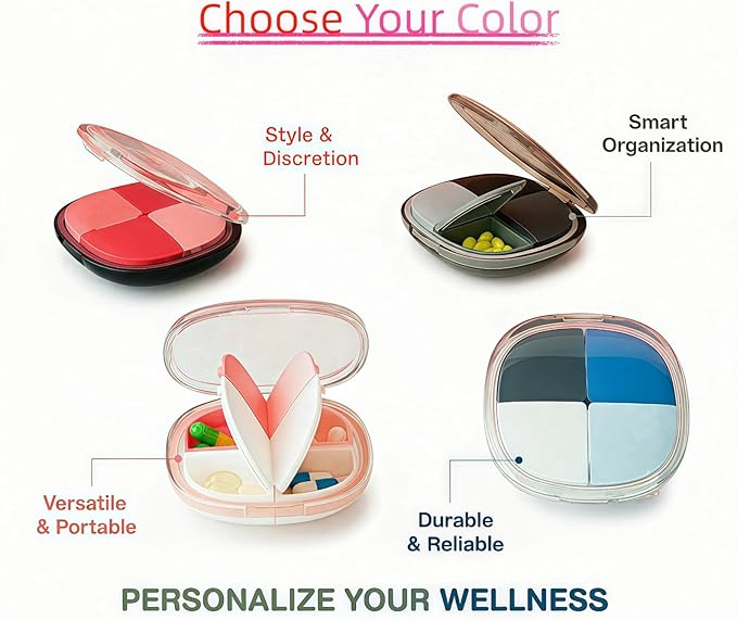 Portable Pill Organizer, Small Pill Case with Pocket 4 Compartments, Travel Pill Box, Pill Container to Hold Vitamin, Fish Oil, Supplement or Jewelry (Red, 4 Case)