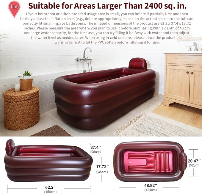 Inflatable Bathtub for Women, with Pillow Headrest - Portable Foldable Freestanding Hot Spa Bath Tub with Cover, Elegant Indoor One-Person Soaking Tub for Self-Care & Relaxation,Burgundy