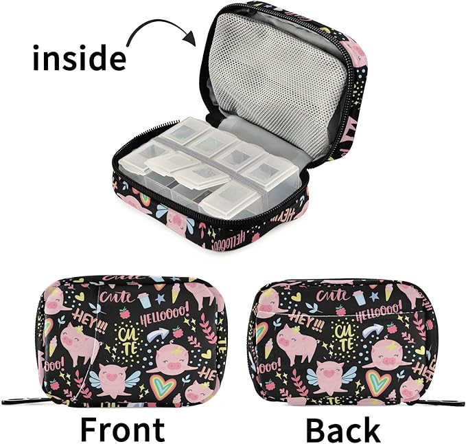 Fustylead Travel Pill Organizer Case Zipper for Purse with Removable Weekly Pill Box for Medicine, Vitamin, Supplement Medicine Organizer (Pigs)