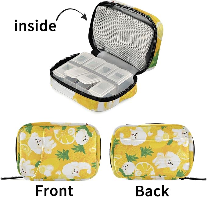 Poodle and Lemon Yellow Travel Pill Organizer Case Box Container Weekly Portable Vitamin Medicine Holder Storage Bag with Zipper Removable