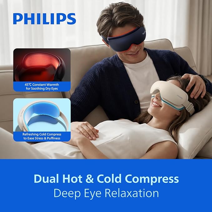 Philips Eye Massager with Heat and Cooling, Integrated Smart Sleep Mask with Nose Rest and Soft Silicone Massage Head, 4 Massage Modes for Migraines, Dry Eye, Dark Circles,Bluetooth Music, Ideal Gift
