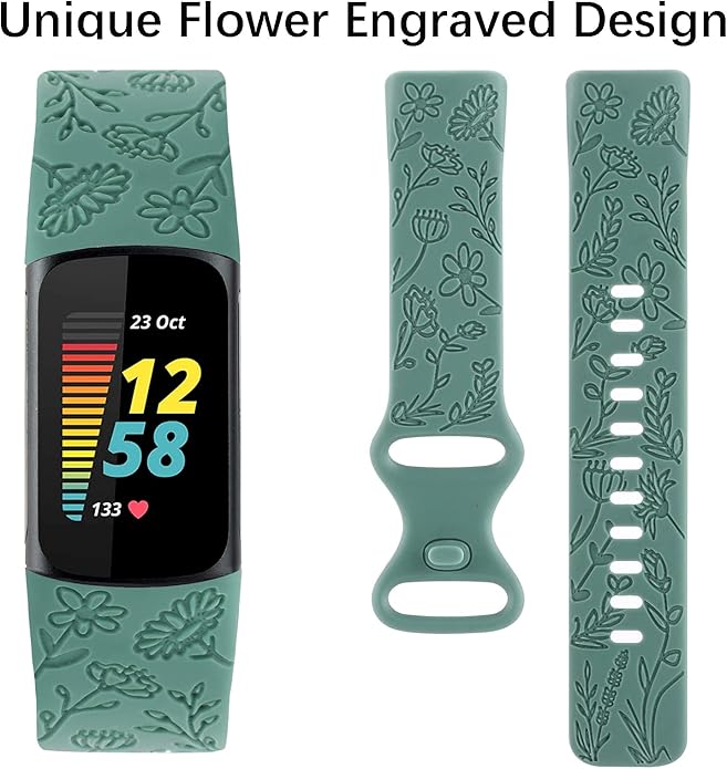 Flower Engraved Bands Compatible with Fitbit Charge 5 Band/Charge 6 Bands Women Cute Floral Engraving Soft Silicone Sport Strap Replacement Wristband for Fitbit Charge 5/6 Tracker Accessories
