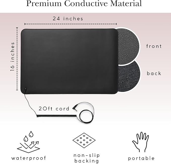 Grounding Mat for Sleep,Pain,Energy,Balance,Relief,Wellness,Inflamation. Earthing Grounding Mat for Home,Office,Work. 20FT Cord,24x16,Conductive Carbon Mat.