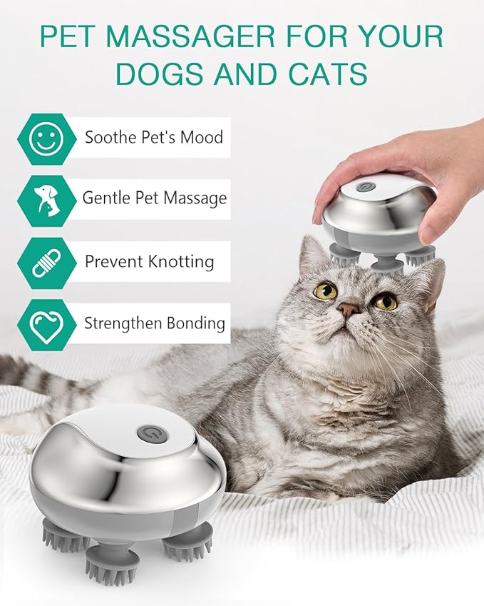 ORIA Electric Pet Massager for Dogs Cats, Handheld Scalp Massager with 4 Massage Heads, 3 Speed Modes, Waterproof Dog Massage Tool, Head Scratcher for Relaxation, Soothing & Bonding