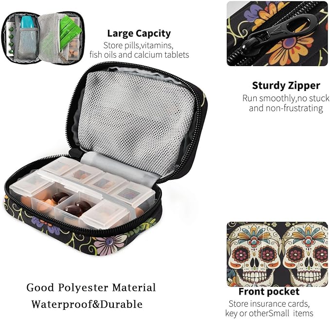 Fustylead Cute Day of The Dead Skulls and Flowers Travel Pill Organizer Bag with Zipper Small Pill Box 7 Day Pill Case for Purse Storage Weekly Vitamin Medicine Supplement