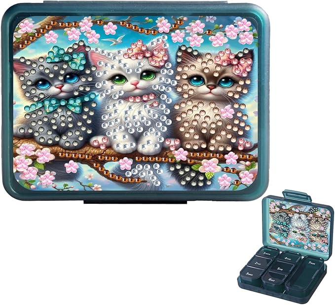 C'eitura DIY Cat Diamond Art Painting 7 Day Black Pill Organizer with 7 Lid, Weekly Medication Box with Detachable Compartments, Fun DIY Craft Project for Adults, Elegant Pill Case for Purse & Travel