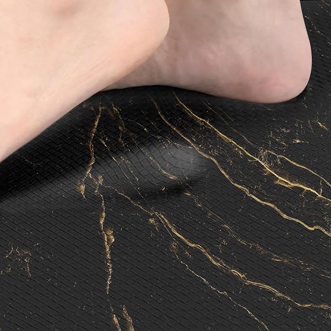 Arttown Anti-Fatigue Kitchen Rug Set of 2 Marble Black Gold Abstract Cushioned Floor Mat, Standing Waterproof Non-Slip Mat and PVC Ergonomic Comfort Foam Rug for Kitchen