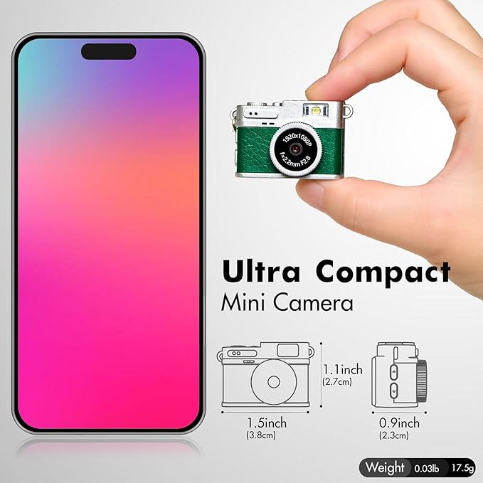 Mini Keychain Camera, Digital Camera, Tiny Vintage Retro Camera, 1080P Video Vlogging Camera,Micro Camcorder with 32 GB Card for Beginners Teens Adults Kids (Green)