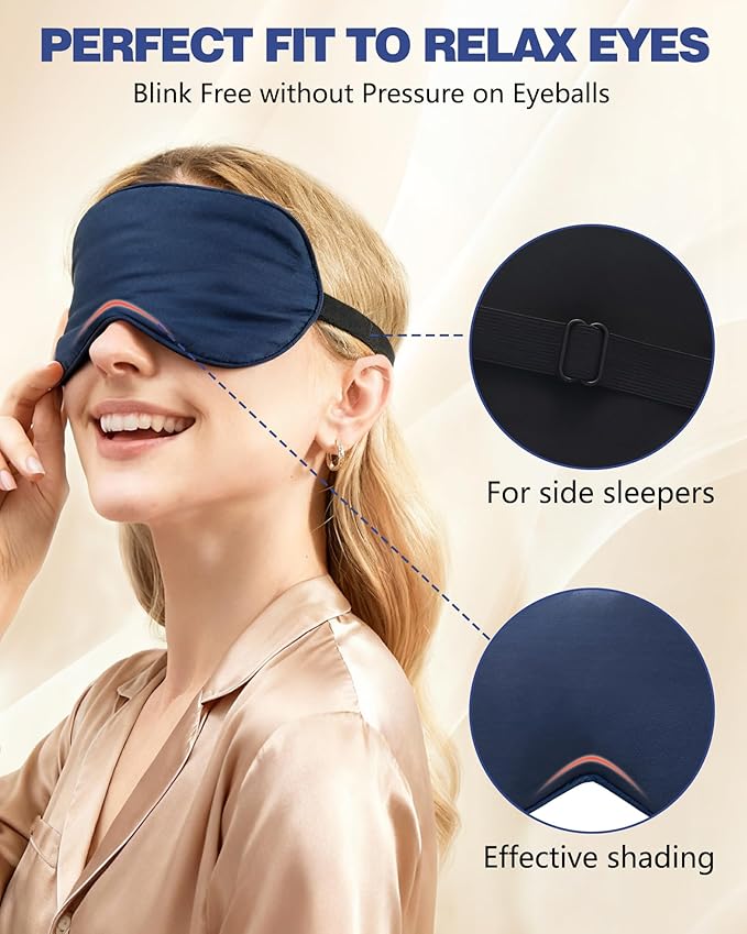 100% Mulberry Silk Sleep Mask with Adjustable Strap, 16-Momme Light-Blocking Eye Mask for Sleeping, Hypoallergenic Silk Eye Masks for Women and Men, Perfect Travel & Gift Choice（Navy Blue）