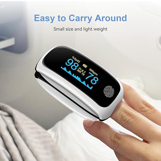 Rechargeable pulse oximeter with respiration, oximeter finger with Pulse Rate SpO2 PI PRR Fast SpO2 Reading Home Outdoor Athletic Sports White