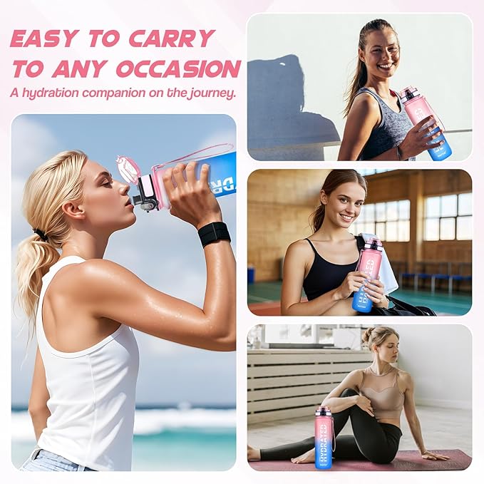 Water Bottle, 32oz Sports Water Bottles with Time Marker Wide Mouth, Motivational and Leakproof Drink Bottle, BPA Free Tritan with Carry Strap for Gym Fitness Outdoor(1 Bottle)
