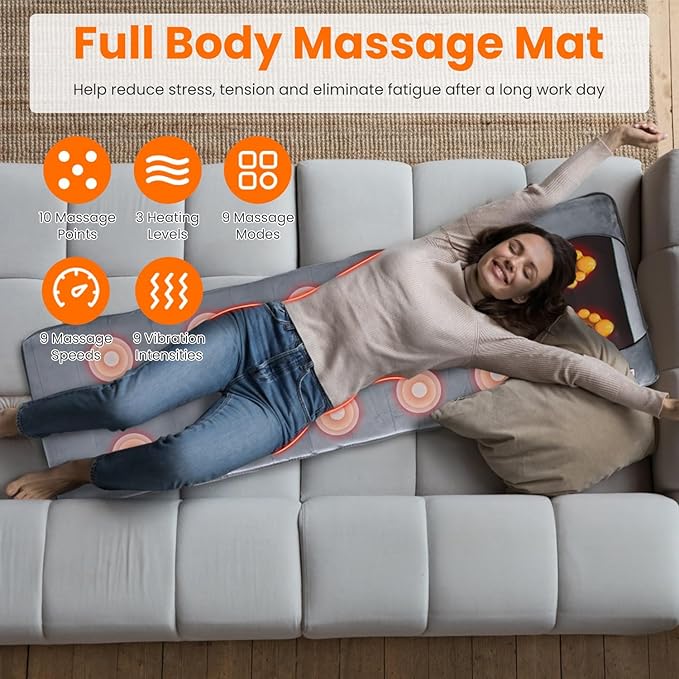 Heat Vibration Massage Mat Full Body Electric Massage Cushion Back Massage Pad with 10 Vibration Motors Timer Neck Massage Pillow Massage Mat for Chair Sofa