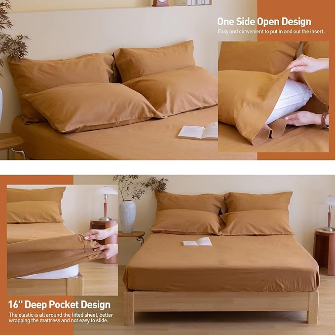 Simple&Opulence Belgian Linen Sheet Set Solid Color - 6 Pieces (1 Flat Sheet & 1 Fitted Sheet & 4 Pillowcases) 16" Deep Pocket Natural Flax Cotton Blended Soft Bedding - Rust, California King