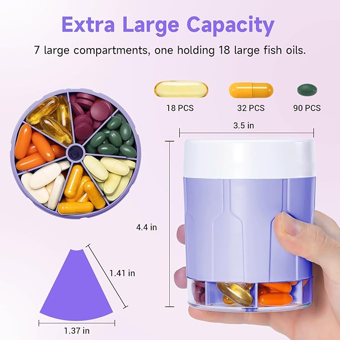 Daviky Pill Bottle Organizer, Supplement Organizer with 7 Large Compartments, Travel Pill Dispenser Round Pill Box with Two Lids（Purple）