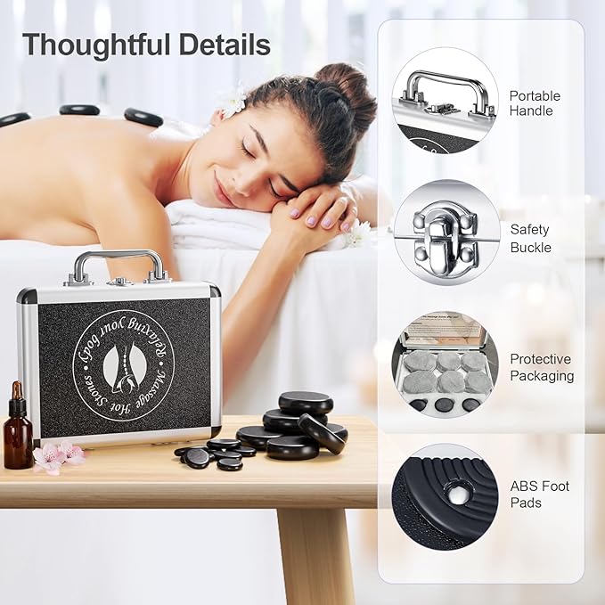 Hot Stones Massage Set, 14Pcs Basalt Portable Stone Kit with Warmer, Professional Rocks for Home Spa Warming Therapy Relaxing Pain Relief