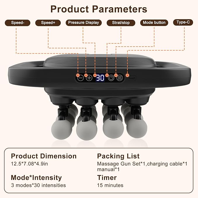 16 Head Massage Gun Set, Deep Tissue Massage Gun Portable with 3 Modes & 30 Intensities, Portable Quiet Percussion Massager for Legs, Waist, Back, Neck, Buttocks Muscles Fatigue Relief