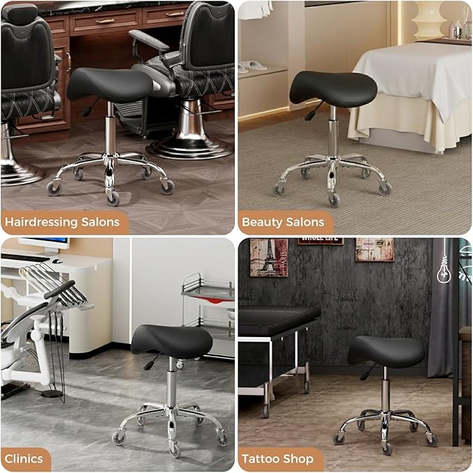 BEWISHOME Ergonomic Rolling Saddle Stool, Height-Adjustable Rolling 360° Swivel Saddle Stool Chair with Thickened Saddle Seat Padding, for Salons, Spas, Office, Black BMD02B