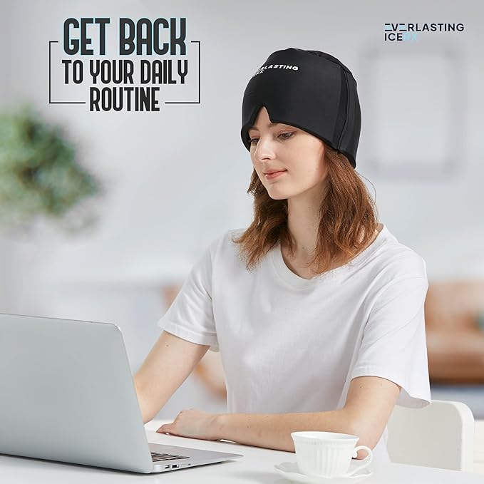 Form Fitting Gel Ice Headache Relief Hat - Cold Therapy Headache Relief Cap/Ice Head Wrap Ice Pack Mask, Cold Compress Headache Relief Cap for Tension & Stress, 20% More Gel, Migraine Relief Black