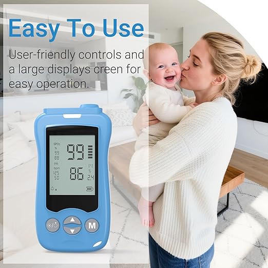 Handheld Fingertip Pulse Oximeter, Medical Grade Pediatric Pulse Oximeter Wrap Probe for Infant Kids Adult, Continuous Pulse Oximeter and Spot Checking, Fast Reading SpO2 Pulse Rate Respiration Rate, Adjustable Audio Visual Alarm (Blue)
