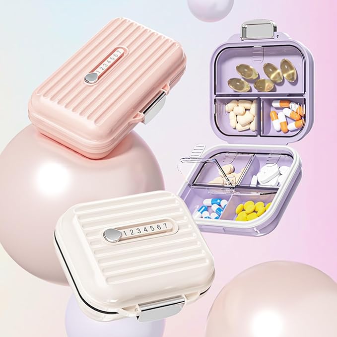 Travel Pill Organizer Box with Labels, 7 Compartments Portable Mini Pill Case, Daily Medication Organizer Storage Pill Container for Pocket Pharmacy(Pink, S)