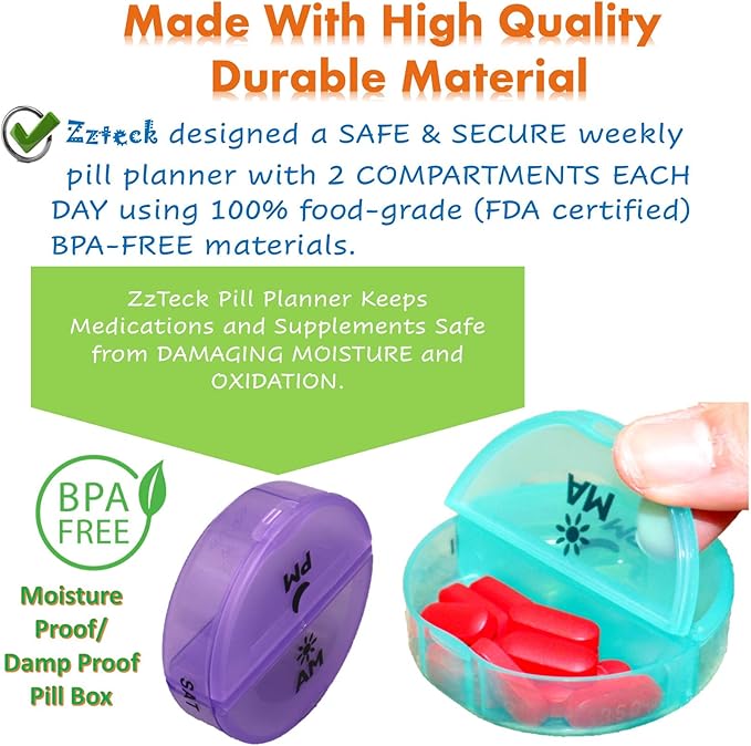 Small Pill Organizer 7 Day Weekly Tower Travel Pills Box Med Dispenser - 4 Times a Day AM PM Noon Night Medicine Container Medication and Vitamin Holder
