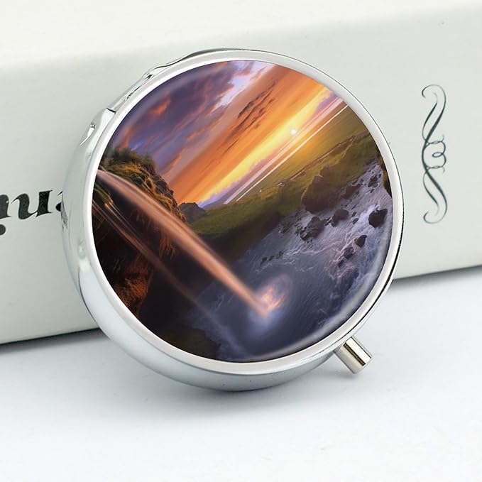Waterfall at Sunset Pill Box 3 Compartment Small Pill Case Portable Pill Box for Pocket Or Purse Round Metal Pill Box Cute Medicine Organizer Holder to Hold Vitamins Medication