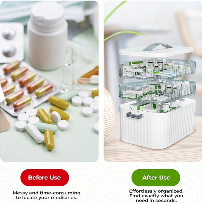 Multi-Tier Medicine Storage Box with Handle | Portable First Aid Organizer for Home, Office & Travel | Large Pill Storage Cabinet with Bonus 7-Day Pill Case (3-Tier & 4-Tier Variants) (3-Tier)