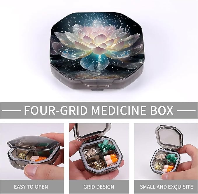 This Portable Crystal Lotus Flower Pattern 4 Compartment Pill Box Can Be Placed in A Pocket Or Wallet to Store Vitamins, Medicines Health Supplements Other Medications.