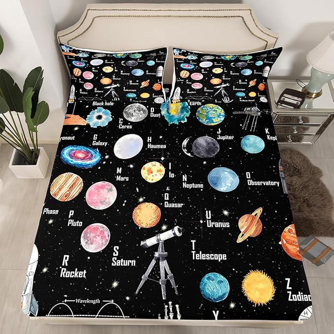 Solar System Bedding Set Twin Size for Boys Girls, ABC Alphabet Bed Sheet Set Solar System Alphabet Fitted Sheet Educational Bed Cover with 1 Pillow Case (No Flat Sheet)