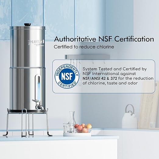 Purewell 2.25G Gravity Water Filter System with Water Level Window, 3-Stage 0.01μm Ultra-Filtration Stainless Steel Countertop System with 2 Filters and Stand, Reduce 99% Chlorine, PW-KS