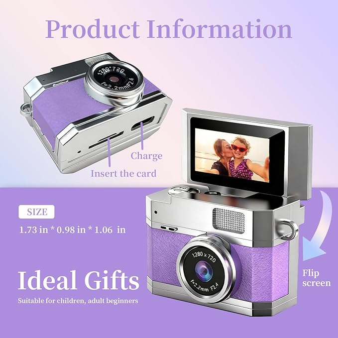 ‌Mini Keychain Digital Camera Purple - HD Mini Digital Camera with 0.96" Flip Screen & 32GB Card,Funny Gifts for Friends, for Mom