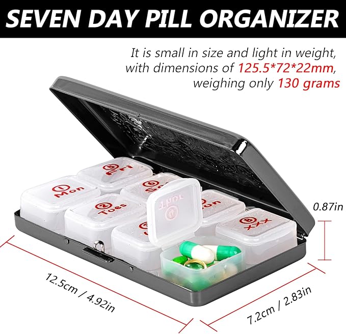 Portable 7-Day Metal Pill Case, Featuring 8 Compartments—Perfect for Travel. BPA-Free. (L-Black, Large)