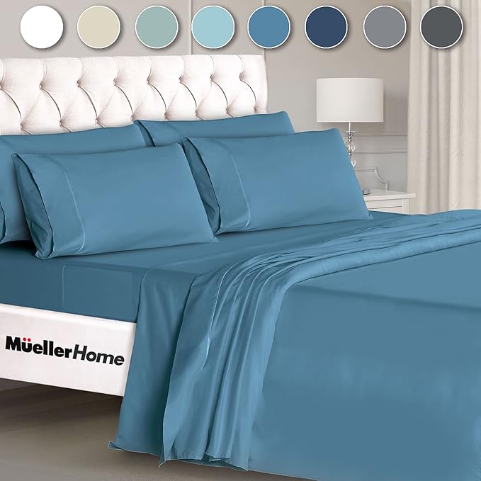 Mueller Luxury 6 Piece Queen Sheet Set - Ultra-Soft 1800 Series, Cooling & Breathable Hotel Quality Bed Sheets, Deep Pocket up to 16" - Hypoallergenic, Wrinkle-Resistant, Oeko-TEX, Denim