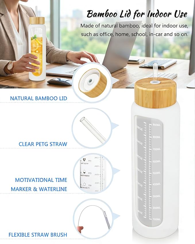 Nefeeko 32 oz Glass Water Bottles with Straw, Motivational Glass Water Bottle with Time Marker, 1 Liter BPA FREE Leakproof Reusable Glass Water Bottle with Silicone Sleeve, Bamboo Lid, Spout Lid
