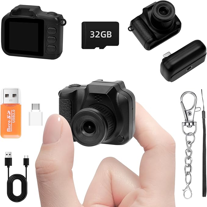 Mini Keychain Camera, FHD 1080p 8MP Mini Digital Camera with 32GB SD Card, 0.96" HD Display, 100 Mins Battery Life for Travel Recording Birthday Gifts (Nostalgia, Dark)